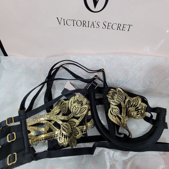 1423 VICTORIA'S SECRET BLACK GOLD Strappy Embroidered Open Cup Balconett… - Picture 9 of 11